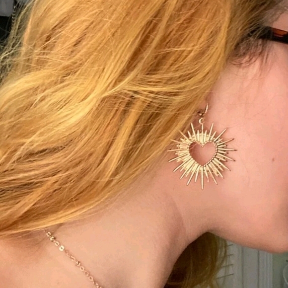 Women's Gold plated hollow heart burst spike punk dangle boho edgy earrings - Picture 6 of 13